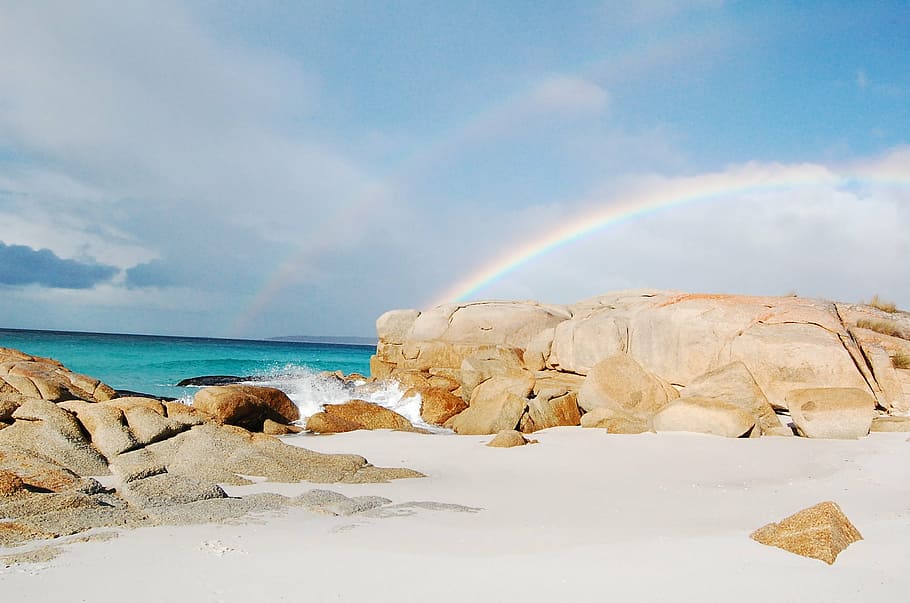 arco íris, praia, rochas, austrália, mar, natureza, litoral, areia, azul, céu