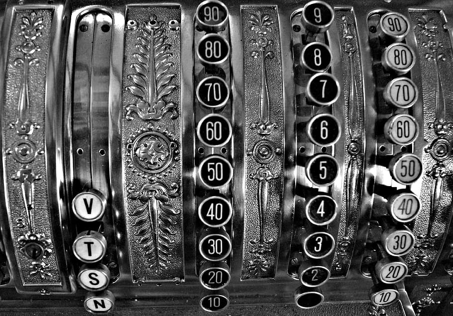 Checkout, Old, old checkout, pay, old fashioned, keys, antique, retro, black and white, industry