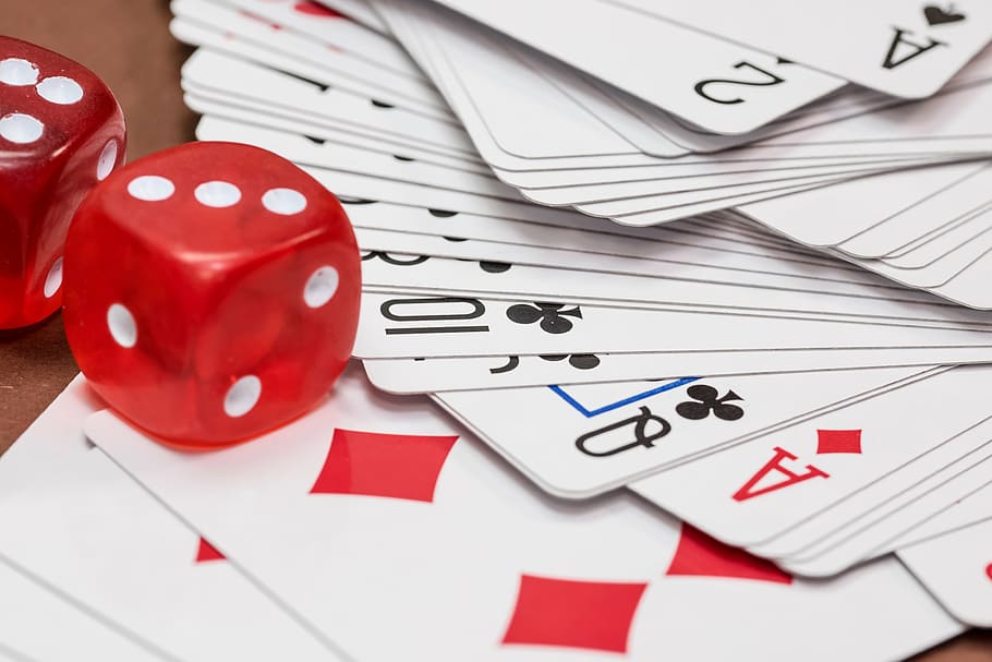 close-up photography, red, dice, playing, cards, cube, gambling, card game, roll the dice, playing cards