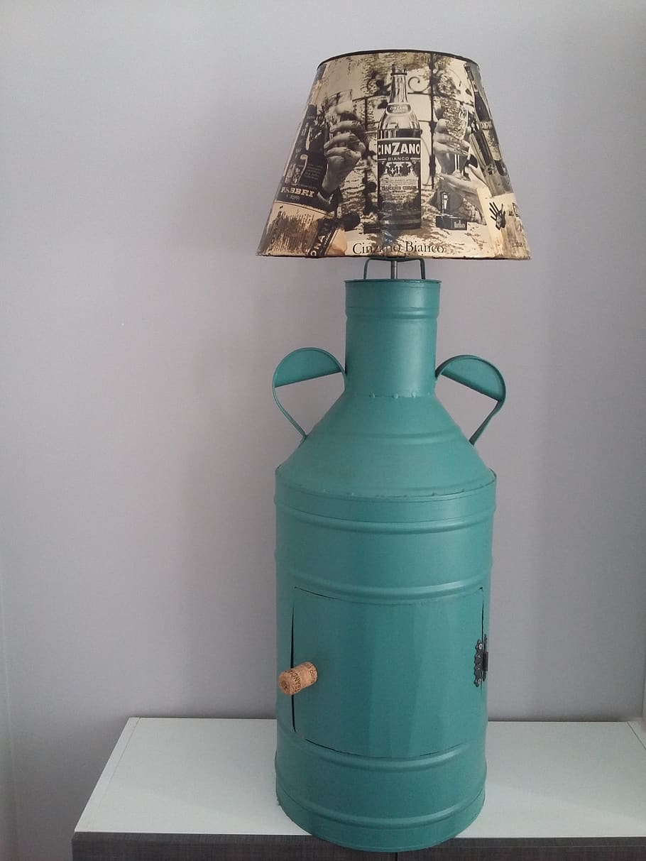 upcycling, idea, lamp, decoupage, antique oil container, indoors, lamp shade, electric lamp, wall - building feature, lighting equipment
