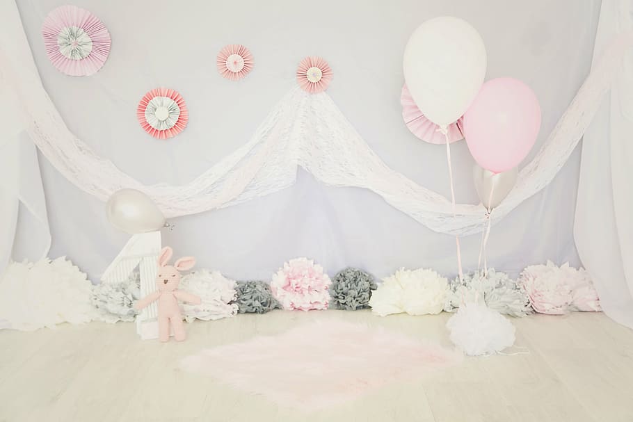 rosa, branco, arranjo de flores, balões, um, ano, bebê, menina, aniversário, casamento