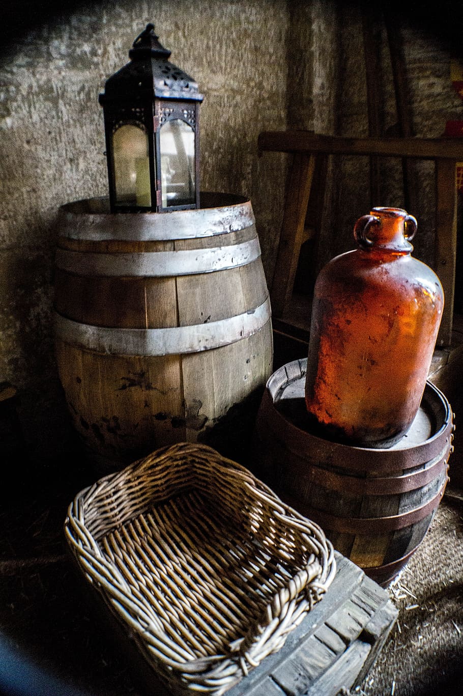 Barrel, Basket, Glass Bottle, Cellar, wooden, old, wicker, rustic, lantern, wood