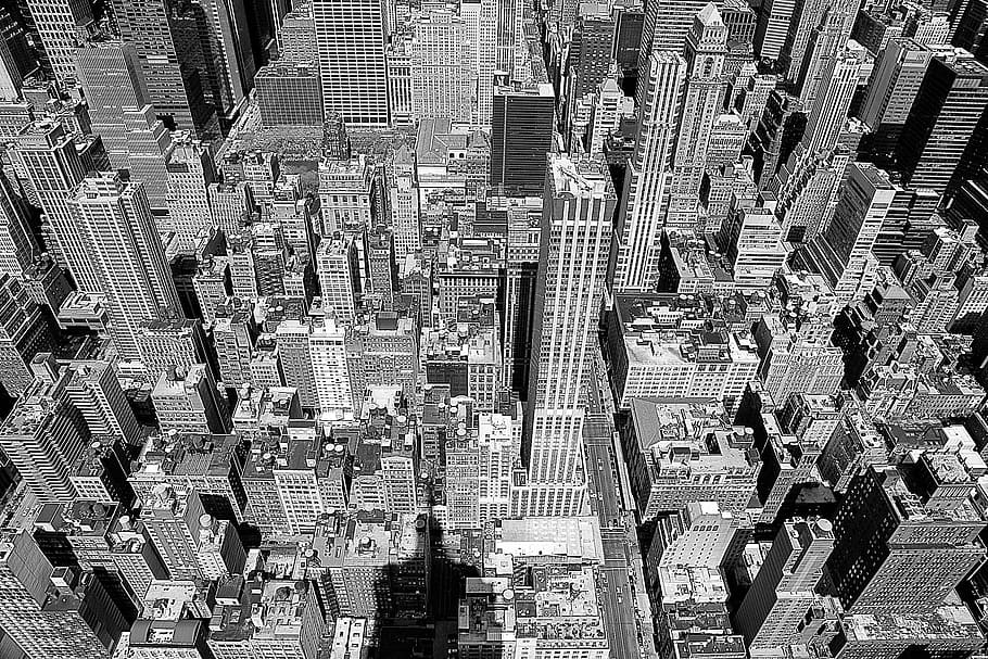 aerial, grayscale photography, city, empire, new york, manhattan, skyline, york, new, urban