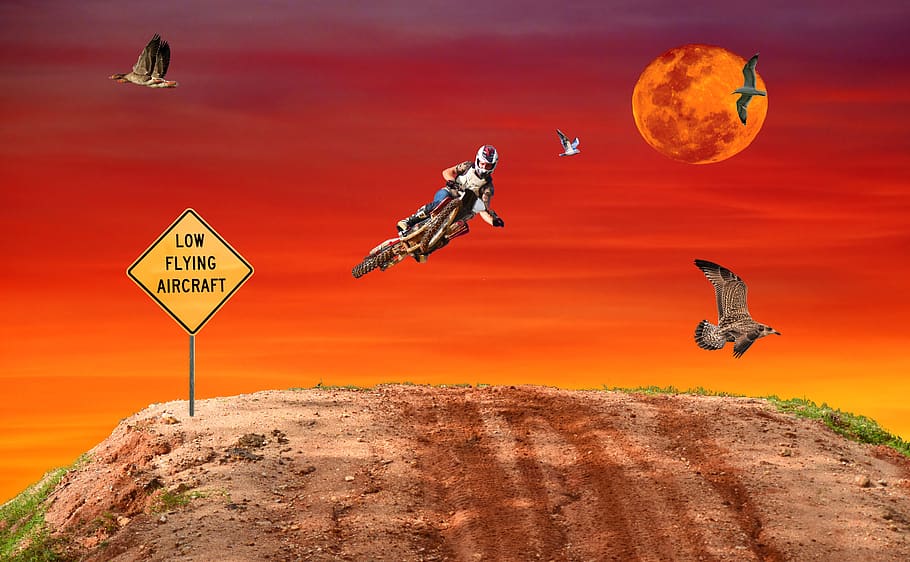 motorcross, melompat, fantasi, langit, tanda pesawat terbang rendah, ekstrim, kotoran, pengendara, kecepatan, sepeda motor