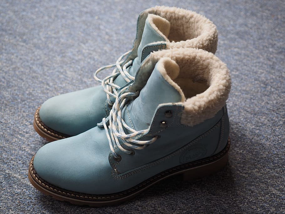 shoes, winter boots, leather boots, boots, warm, clothing, fed, blue, light blue, ice blue