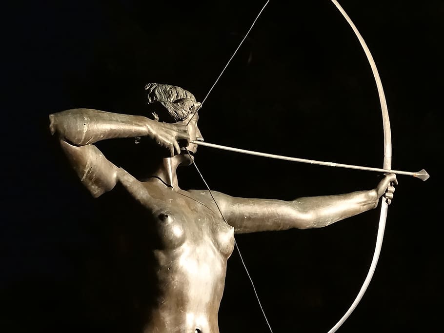 person, holding, bow, arrow statue, luczniczka, bydgoszcz, statue, sculpture, figure, artwork