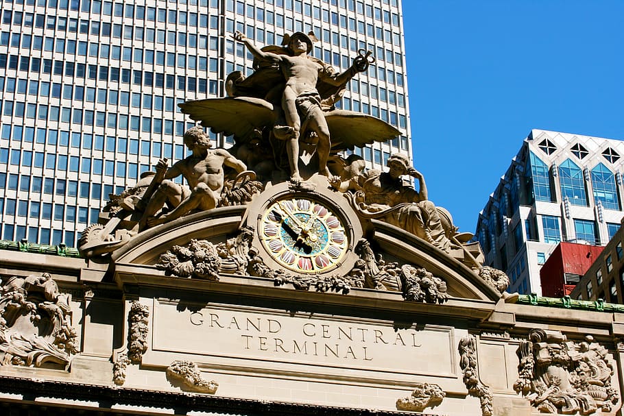 grand central station, clock, nyc, manhattan, new york city, architecture, building exterior, low angle view, built structure, sculpture