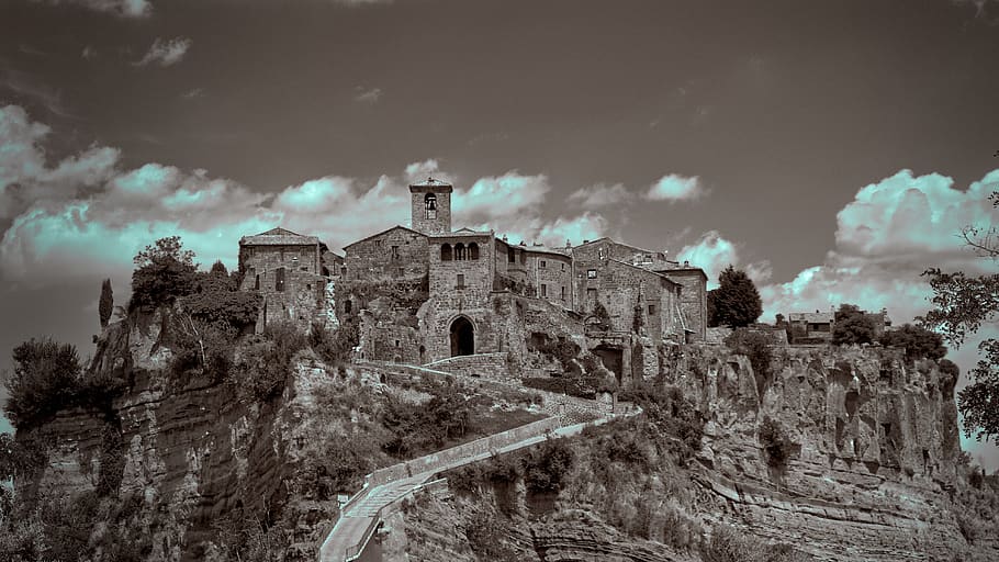 civita di bagnoregio, historiador, arquitetura, torre, toscana, monumento, itália, vintage, turismo, cidade