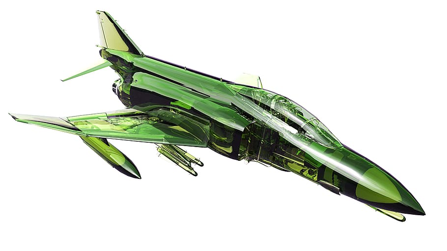 the plane, f4 phantom, aviation, fighter, mcdonnell douglas, supersonic, the plane set bomb, green color, studio shot, white background