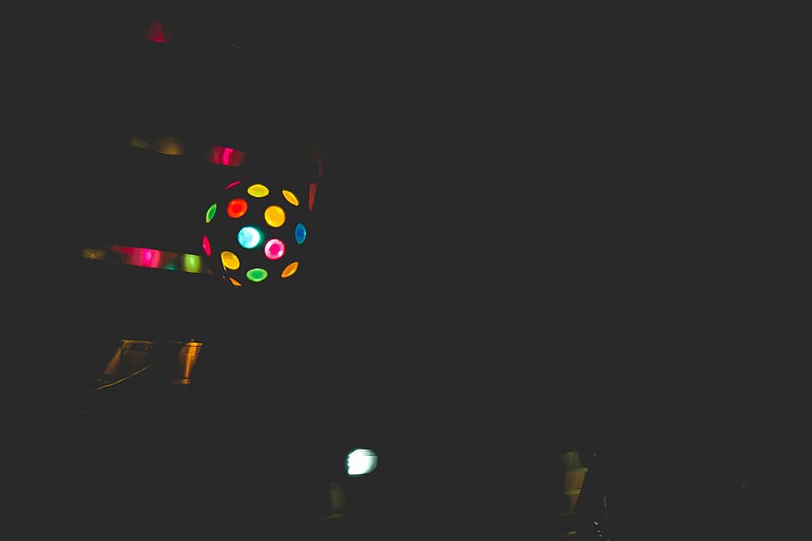 turned-on disco ball, disco, ball, lights, dancing, nightclub, disco ball, dark, night, illuminated