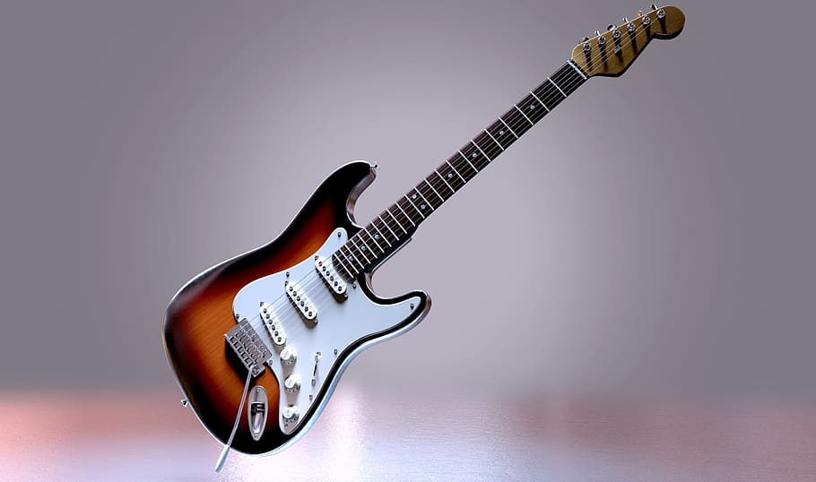 brown, stratocaster-style, electric, guitar, electric guitar, stringed instrument, musical instrument, electrically, rock music, rock