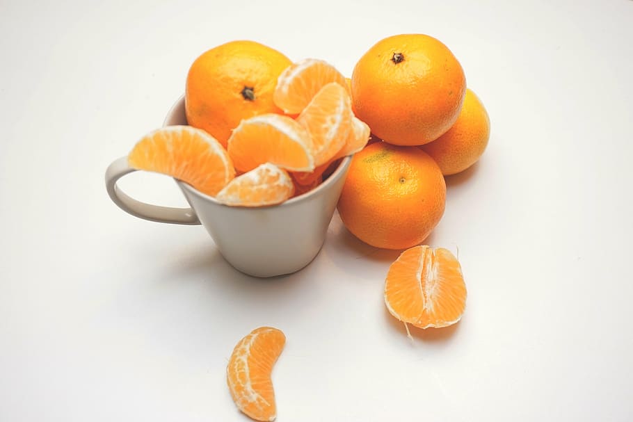 irisan jeruk, kupas, jeruk, buah, putih, keramik, piala, jeruk keprok, clementine, buah-buahan
