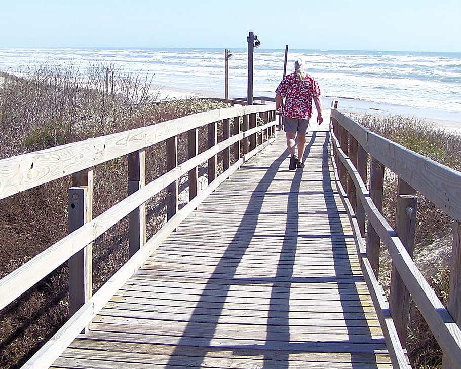 boardwalk, beach, lone walker, coastal, depth, perspective, summer day, sea, rear view, lifestyles