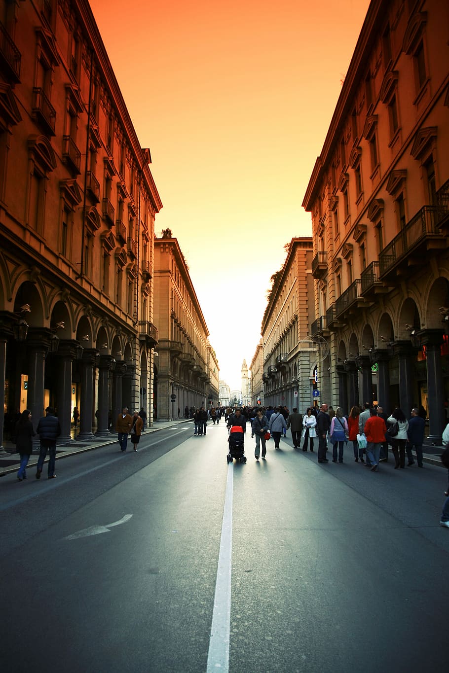 Streets, Turin, Sunset, buildings, city, cityscape, italy, people, public domain, road