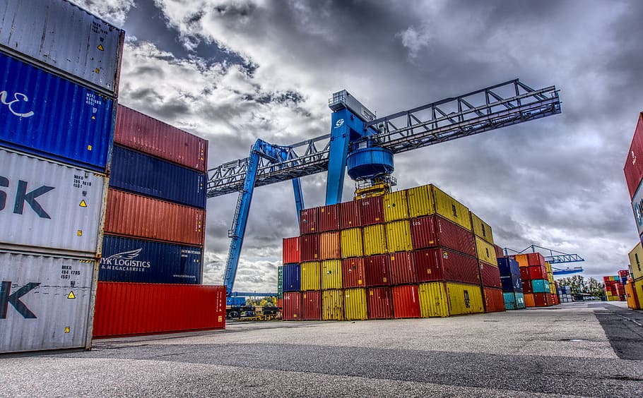kontainer, pelabuhan, memuat, ditumpuk, terminal kontainer, penanganan kontainer, memuat derek, derek, kargo, pusat pemasaran