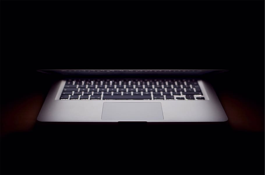 preto, prata computador laptop, macbook, laptop, sombras, escuro, tecnologia, negócios, computador, computador teclado