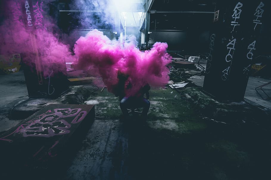 pink, smoke, inside, dimmed, room, silhouette, person, sitting, chair, covered