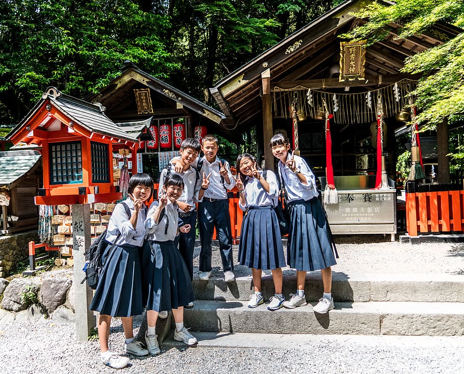 group, students, daytime, japan, arashiyama, school children, uniforms, people, person, kyoto