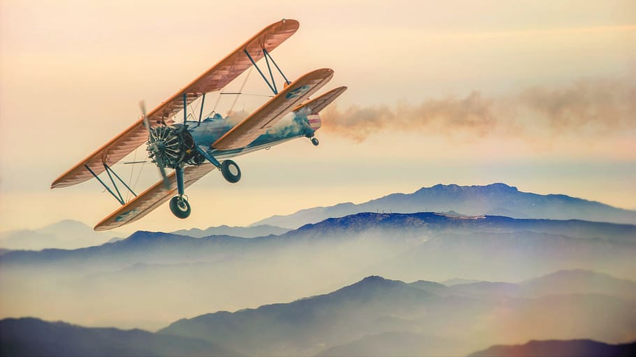 illustration, brown, blue, biplane, flying, mountain, aircraft, double decker, oldtimer, propeller plane