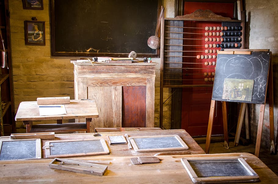 brown, wooden, desk, front, chalkboard, photo frame, antique, classroom, school, exercise book