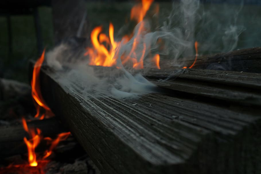 fire, wood, smoke, flame, embers, burn, campfire, barbecue, heat, fireplace