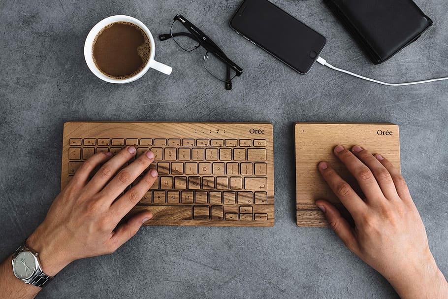 man typing, wooden, keyboard, Young, man, typing, workspace, workplace, work, desk