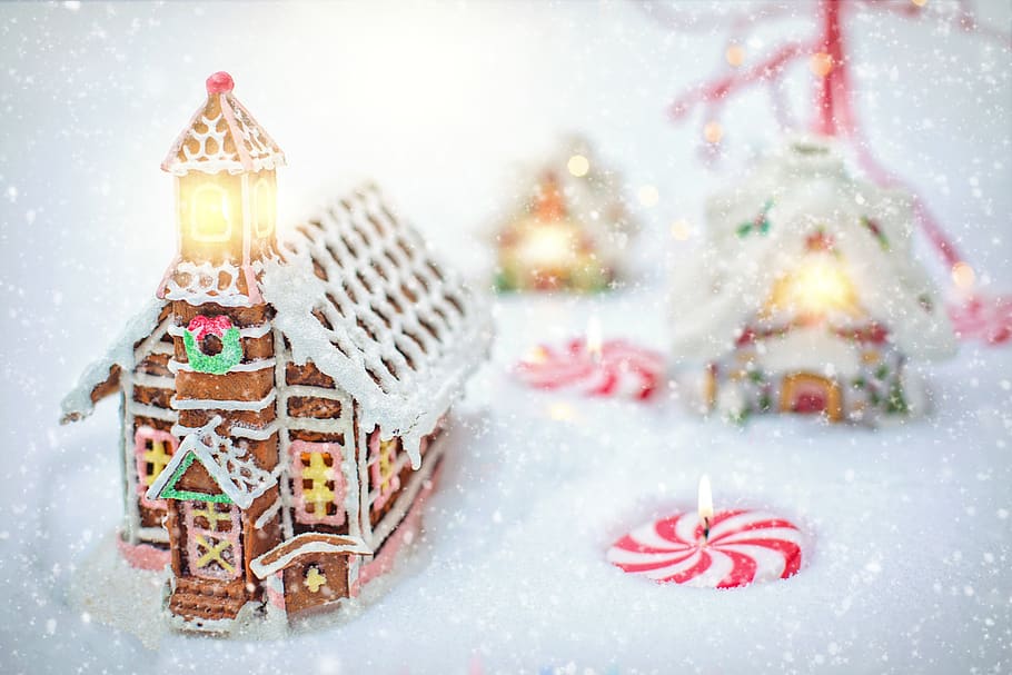 gingerbread house, village, christmas, xmas, winter, festive, snowing, houses, snow, gingerbread