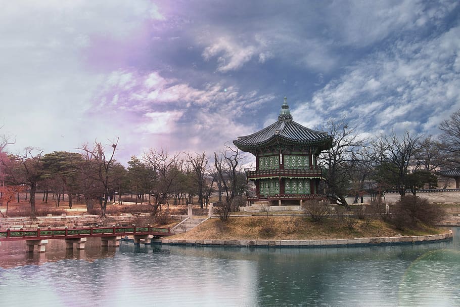 bare, trees, temple, gyeongbok palace, republic of korea, building, old buildings, water, architecture, built structure