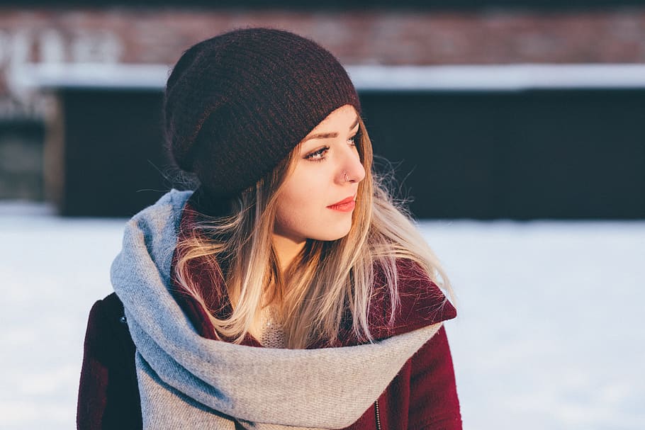 woman, wearing, black, beanie, people, fashion, cold, weather, beauty, scarf