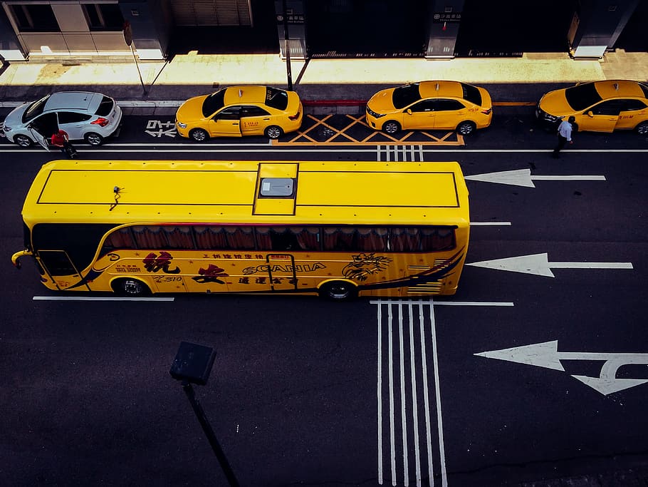Bus, Taxi Cab, Yellow, Transport, Travel, car, vehicle, transportation, automobile, city
