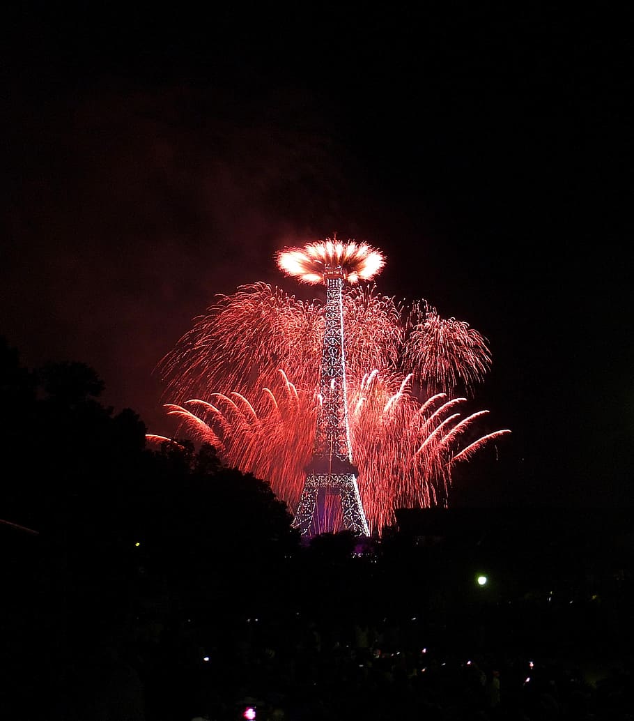 fireworks, eiffel tower, paris, july 14, night, illuminated, firework, firework display, celebration, event