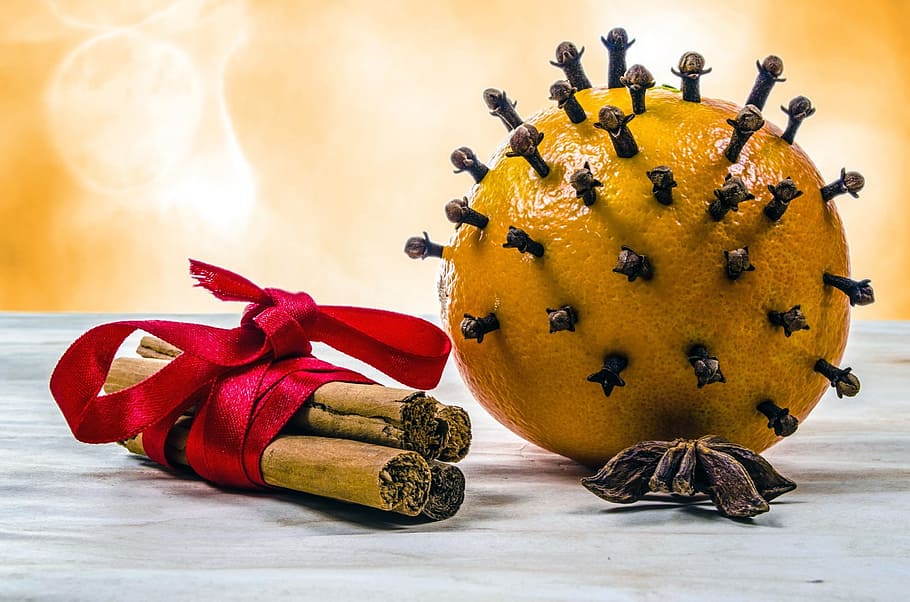 yellow pin orange, clove, cinnamon, ornament, fruit, present, leaves, stick, decoration, meal
