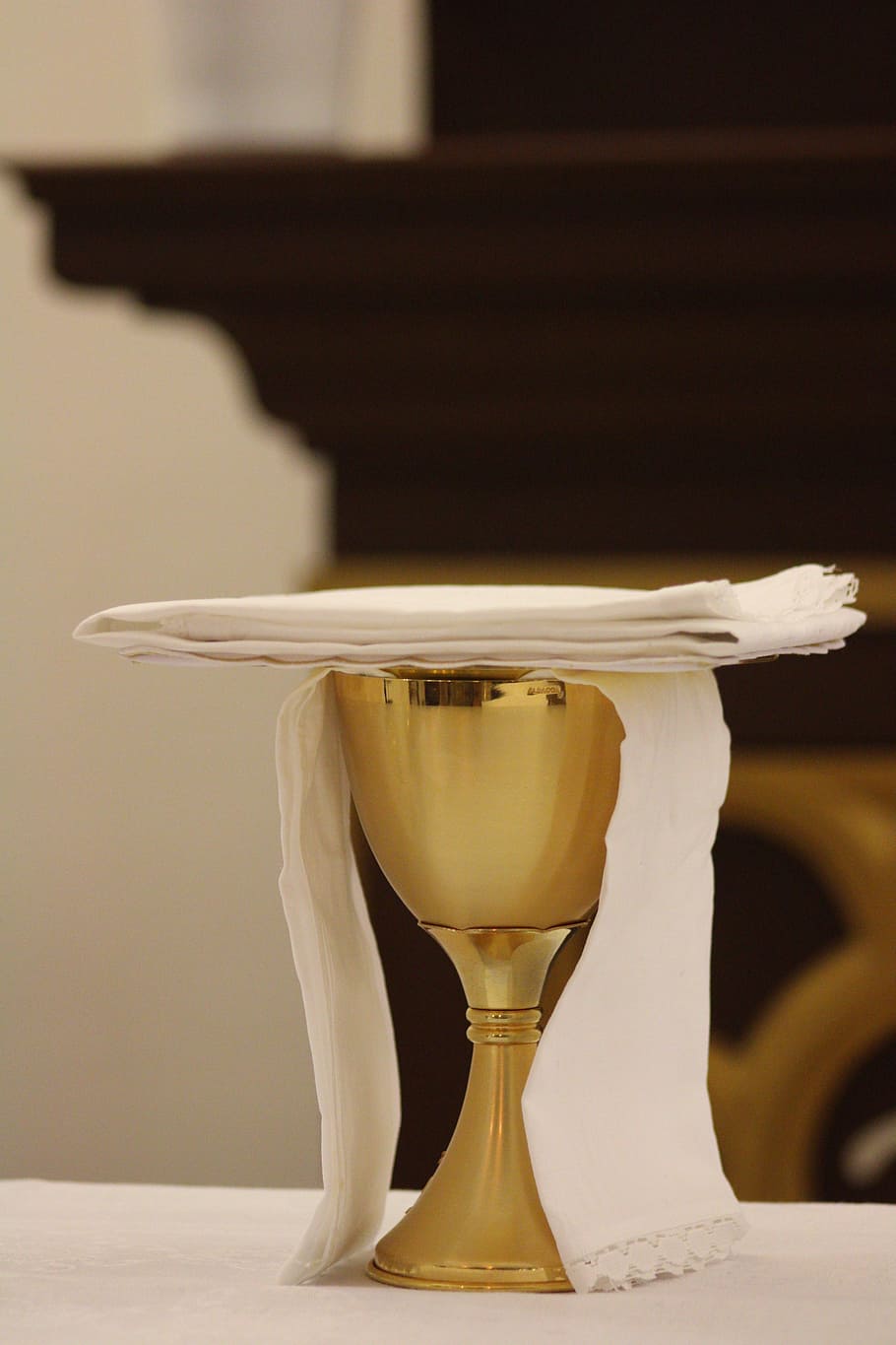 chalice, mass, catholic, indoors, table, close-up, still life, focus on foreground, single object, art and craft
