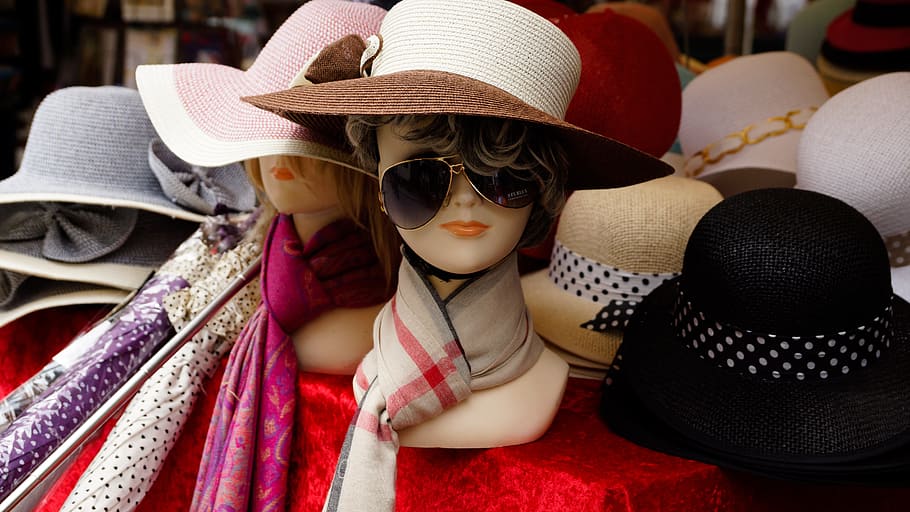 women, assorted, fedora hats, hat, shop, mannequin, straw, scarf, scarves, sunglasses