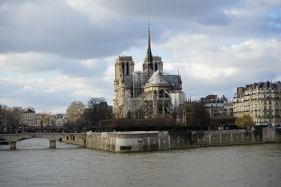 notre-dame, paris, seine, france, cathedral, church, architecture, built structure, building exterior, water