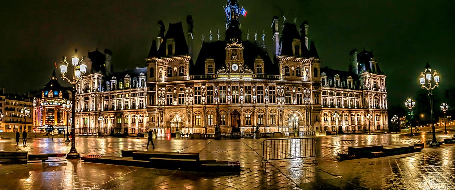 Hotel de ville, París, panorama, palacio iluminado durante la noche, noche, iluminado, arquitectura, estructura construida, exterior del edificio, destinos de viaje