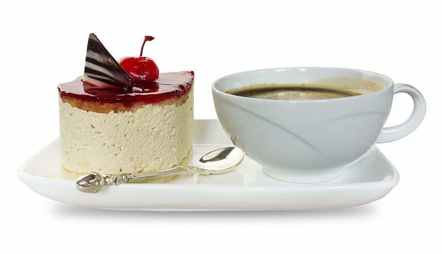 caramel, glazed, cheesecake, plate, white, cup, coffee, food, breakfast, dessert