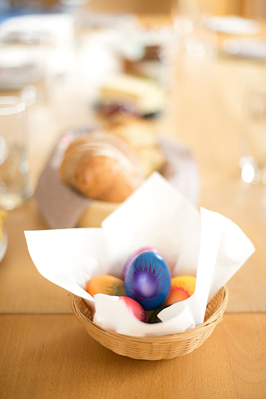 egg, colorful, table, basket, brown, food, easter, food and drink, still life, container