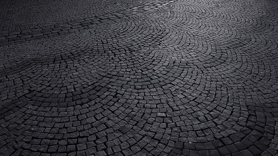 gray, scale photography, empty, pave, road, pebble road, cobblestone road, cobblestone, stone walkway, stone path
