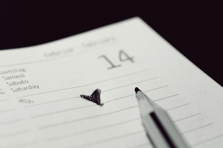 corazón, dibujado, blanco, papel, calendario, día de san valentín, nota, amor, catorce, lápiz