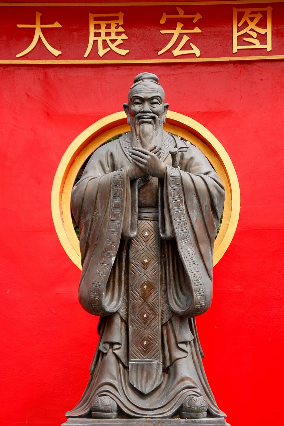 brown, concrete, human, red, textile, Confucius, Statue, China, Sculpture, stone figure