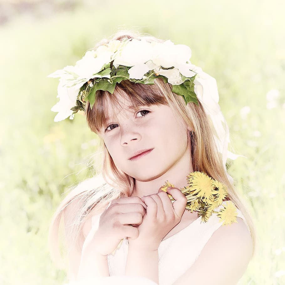 human, child, girl, blond, face, flowers, meadow, nature, portrait, digital painting