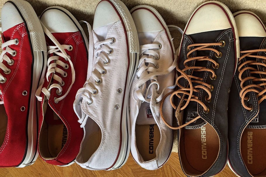 three, pairs, low-top sneakers, chucks, converse, sneakers, fashion, red, white, blue