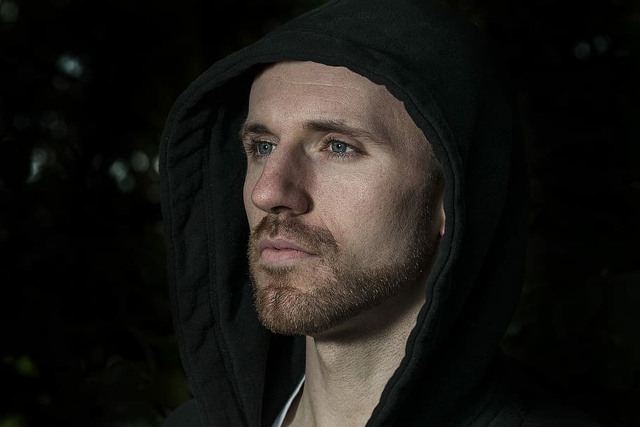 close-up photography, man, wearing, black, hoodie, portrait, people, adult, wear, male