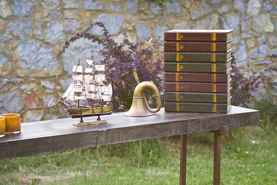 brass-colored bugle, gray, table, book lot, Furniture, Design, Architecture, furniture, design, gift, background