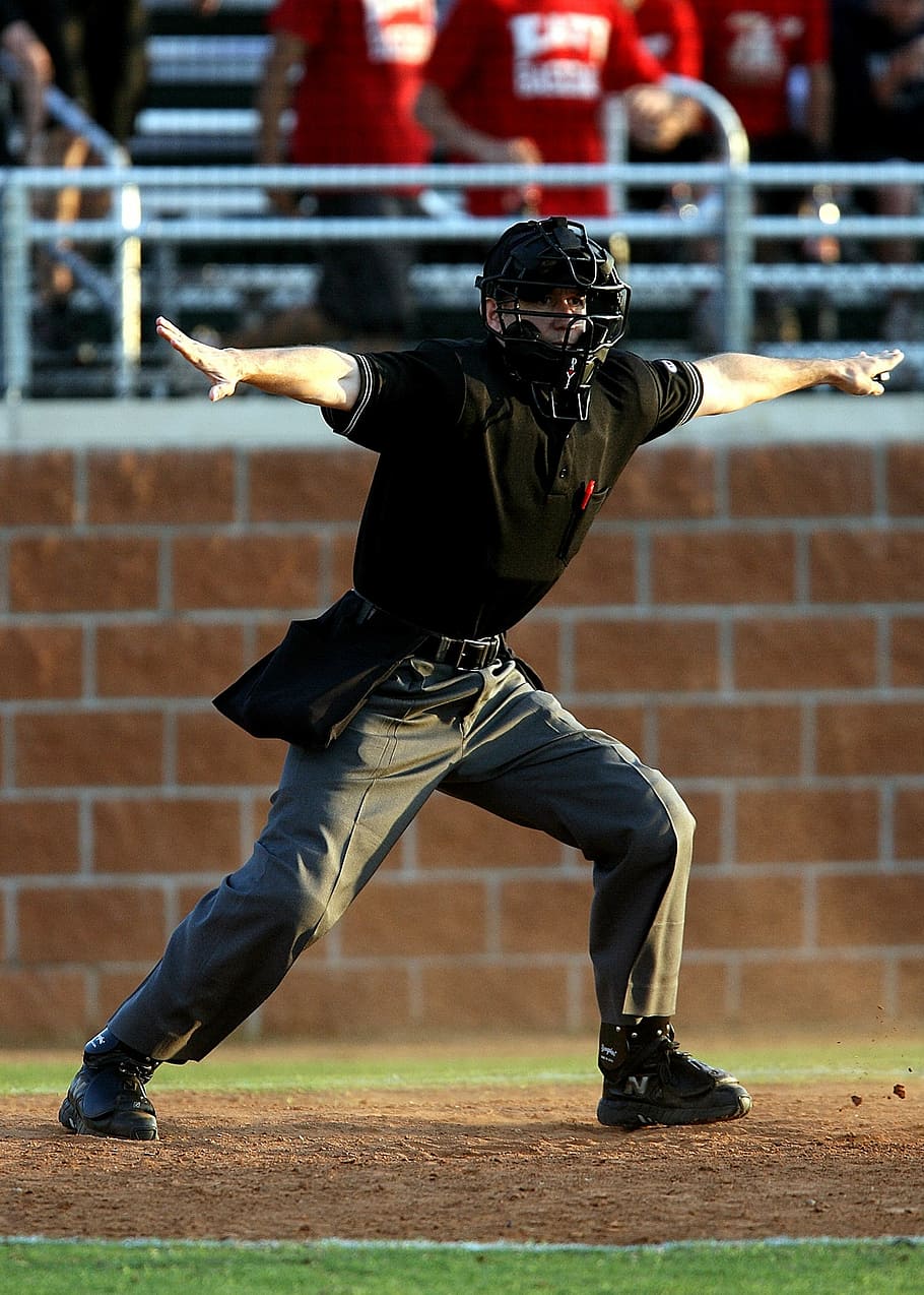 man, black, shirt, standing, open, hands, baseball, sport, umpire, game