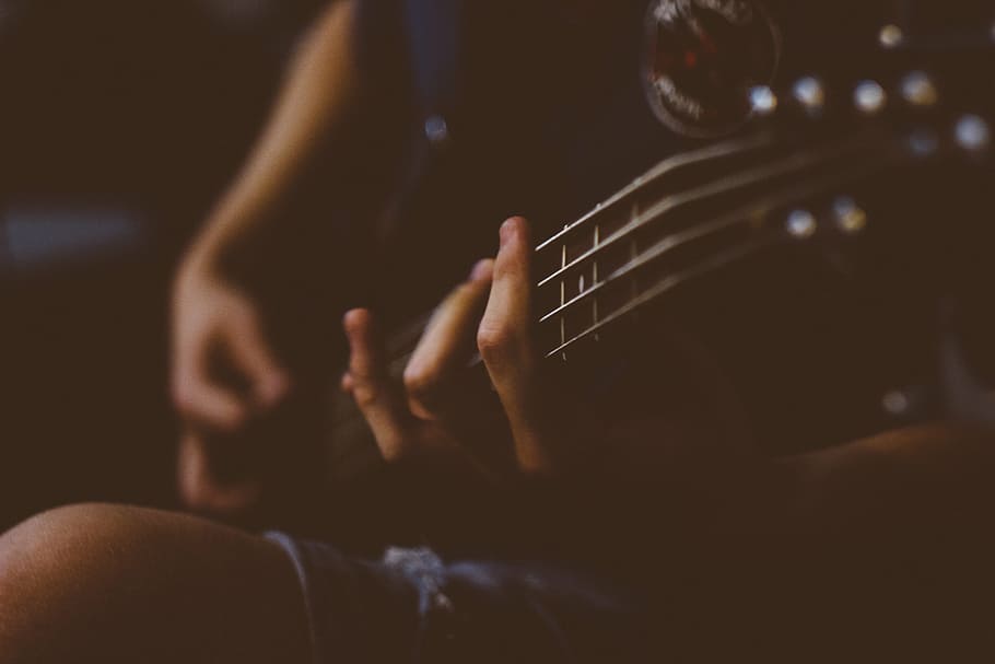 person playing guitar, sound, music, bass, guitar, people, fingers, hand, fret, electric