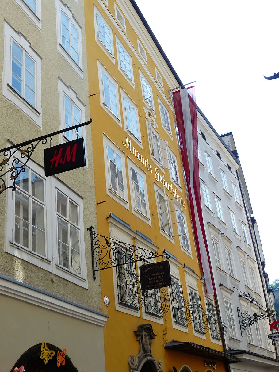 Mozart, lugar de nacimiento, Amadeus, Wolfgang, Salzburgo, Austria, casa, edificio, arquitectura, amarillo