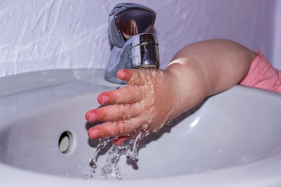 child, washing, right hand, white, ceramic, sink, toddler hand, hand, finger, water