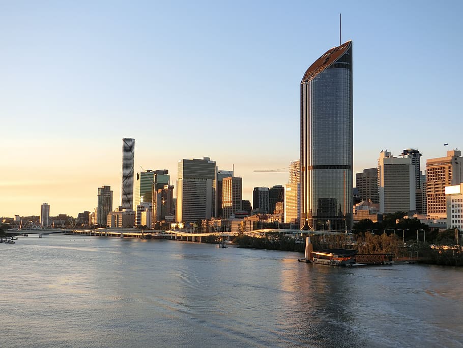 calm, waters, high-rise, buildings, brisbane, sunset, city, highrise, river, australia
